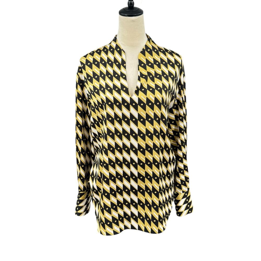 Joie Black & Yellow Geometric Diamond Print Long Sleeve Split V-neck Blouse